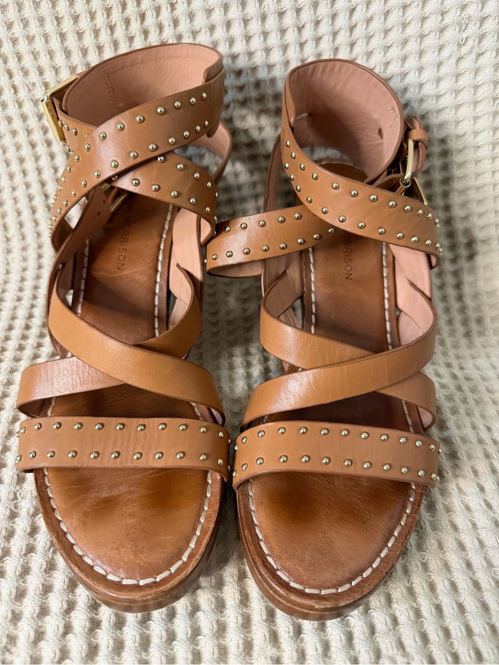 Sigerson Morrison Studded Leather Block Heel Sandals Tan Size 9B Designer Shoes - Picture 4 of 11